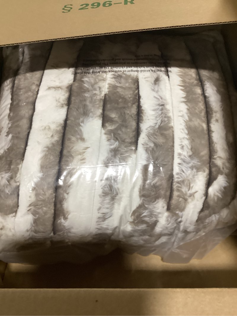 Condition photo showing As Is for Wonderful Fluffy Faux Rabbit Fur Comforter Set Queen Size, Striped Stitching Tie-Dye Khaki Plush Fuzzy Bedding Set 3 Pieces, Warm Soft Comforter Bedding Set for Winter, 90"x90" Tie Dye-khaki Queen
