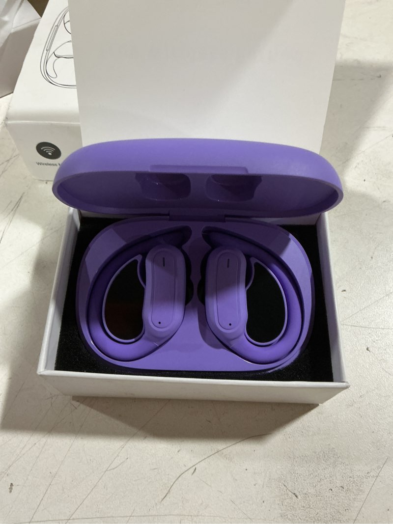 Condition photo showing Good Condition for wireless earbuds bluetooth headphones, stereo earphones with fast charging and comfort fit open ear buds for workouts/sports purple