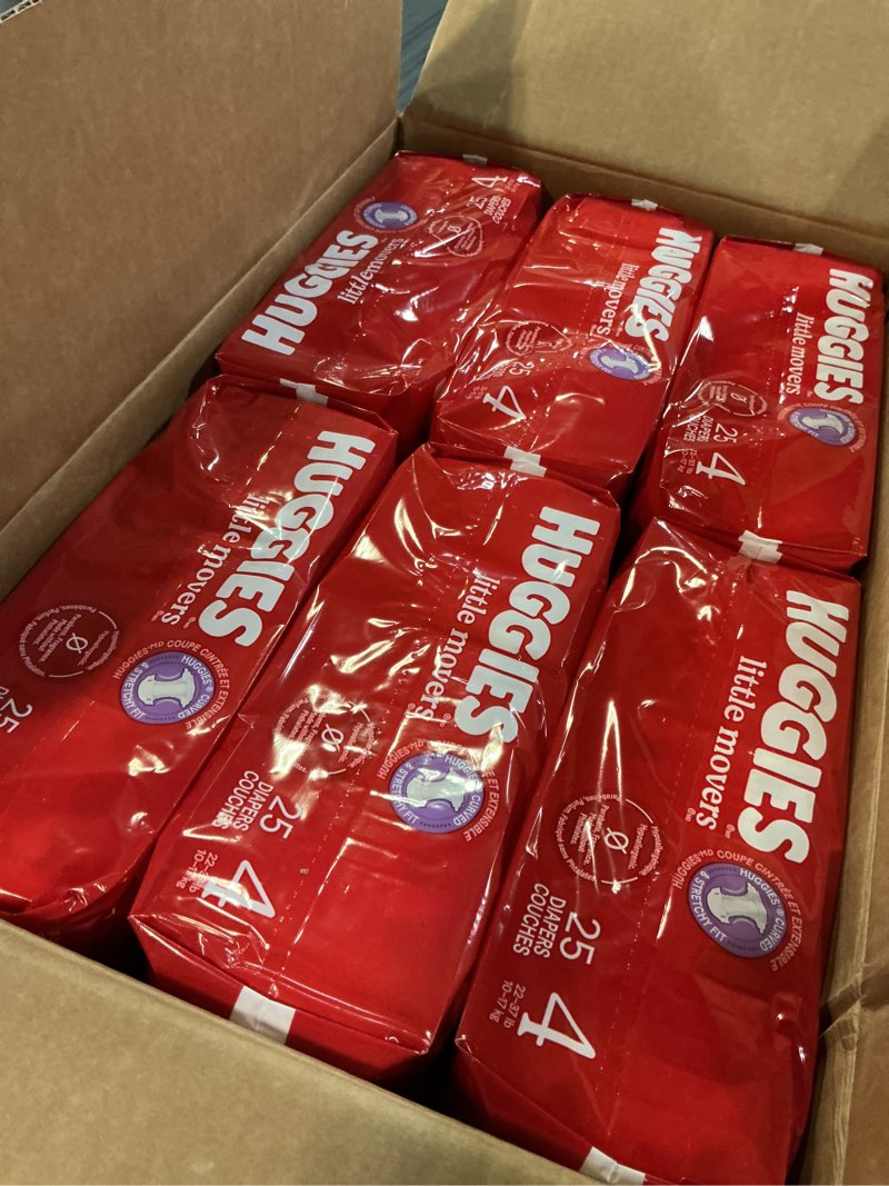 Condition photo showing New/Like New for huggies size 4 diapers, little movers baby diapers, size 4 (22-37 lbs), 150 count (6 packs of 25), packaging may vary size 4 150