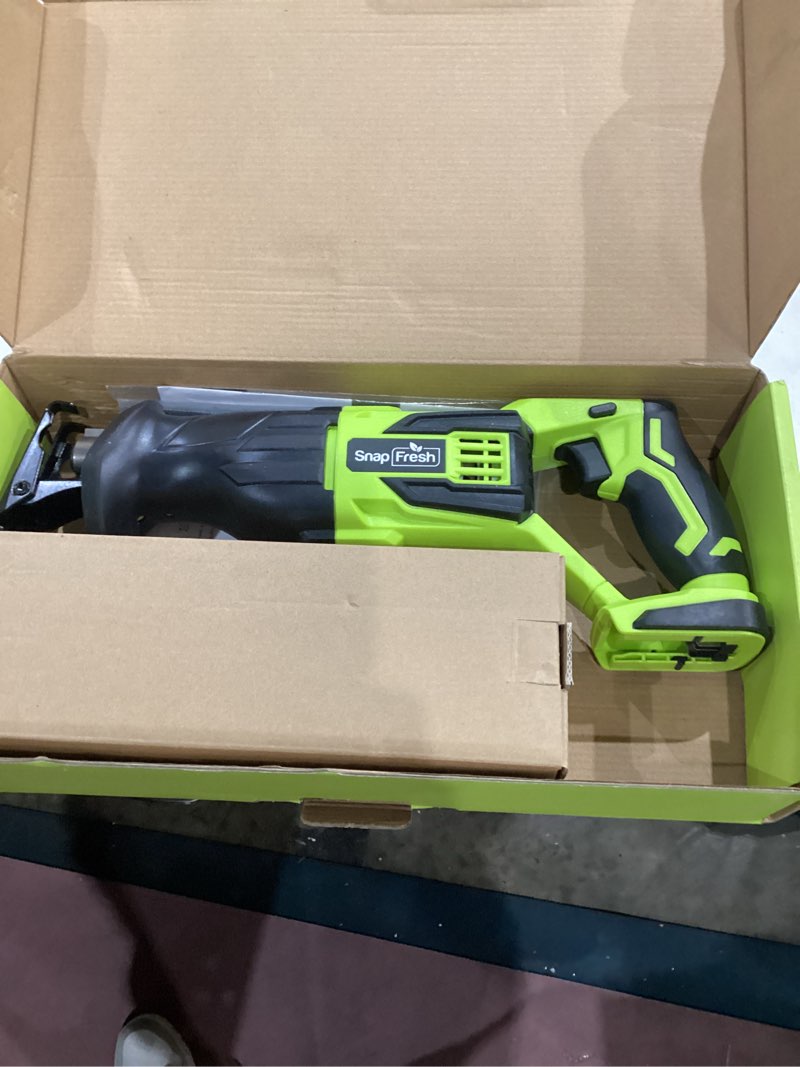 Condition photo showing Good Condition for snapfresh 20v cordless reciprocating saw –3000 spm, variable speed trigger, tool-free blade change, led light, lightweight & compact for wood, metal, plastic, 2.0ah battery & fast charger included green