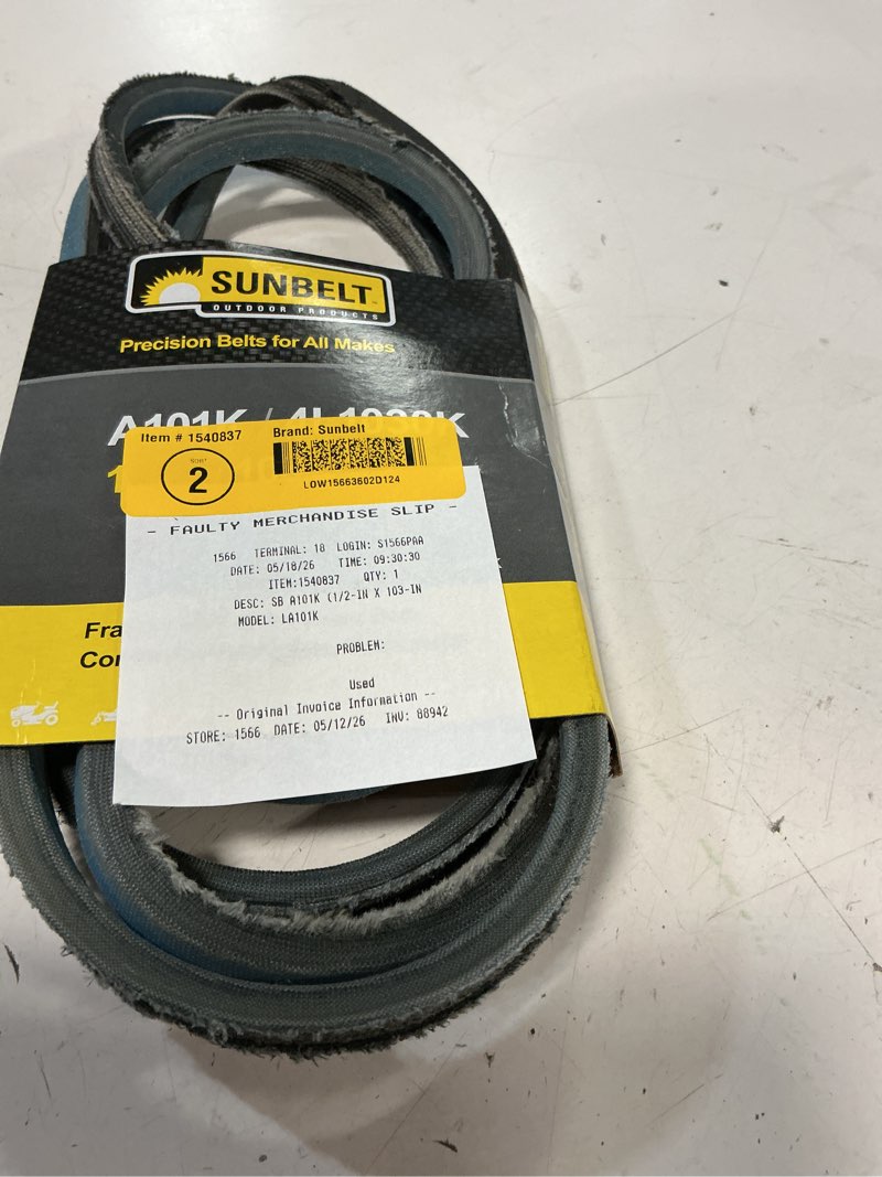 Condition photo showing As Is for sunbelt 1/2-in x 103-in deck/drive belt, multiple, replaces oem part number a101k, 4l1030k