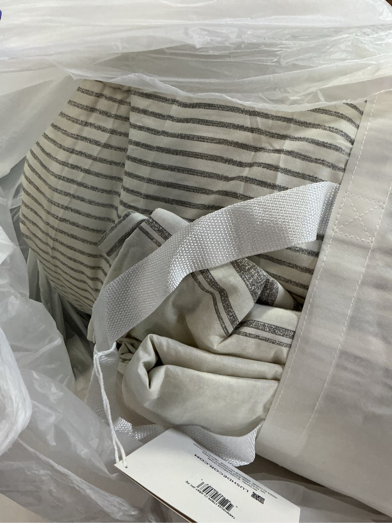 Condition photo showing As Is for lush decor stripe reversible cotton comforter set, cozy farmhouse bedding set, full/queen, gray, 3 piece set full/queen gray