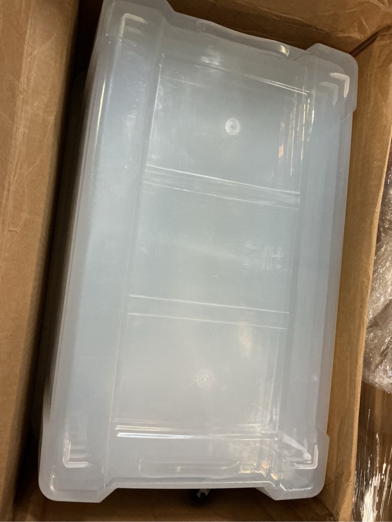 Condition photo showing Good Condition for iris usa 6-pack 72 quart storage bins with lids, clear | transparent design makes contents easy to find. perfect for moving, blankets, clothing, and garage storage. nestable design clear 72 qt - 6 pack
