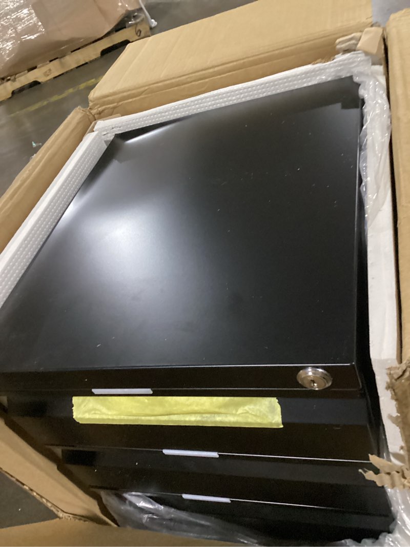 Condition photo showing Good Condition for possibly used/similar to 3 drawer mobile file cabinet under desk office, fully assembled except casters, letter/legal size, black