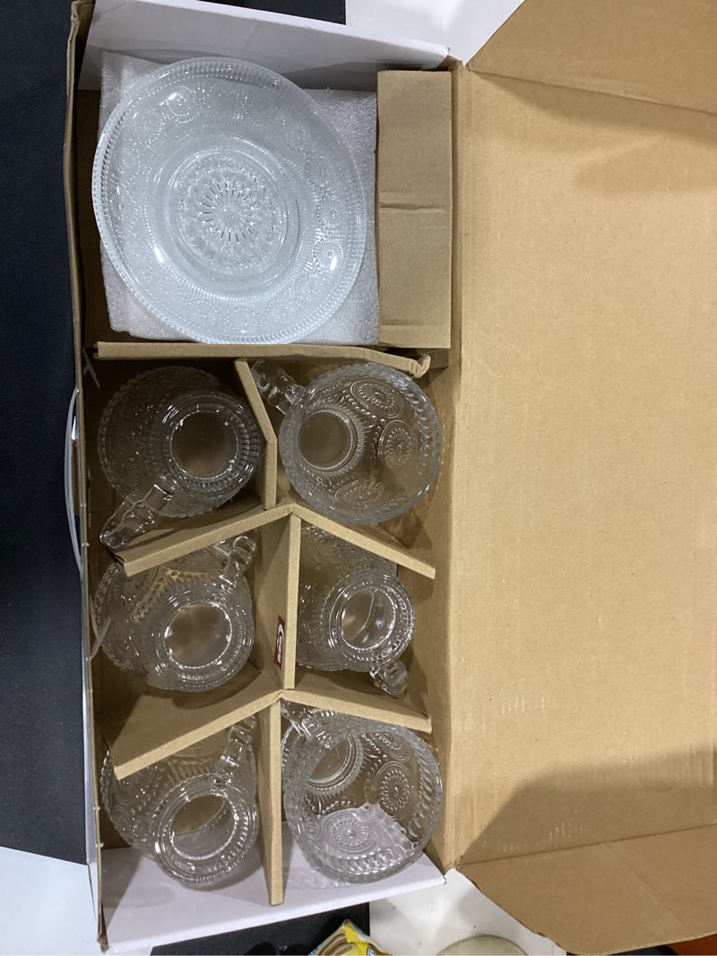 Condition photo showing Good Condition for Vintage Glass Tea Cups with Saucers, Glass Mugs 7 Oz Set of 6 Espresso Coffee Embossed Glassware with Handle, for Cappuccino, Latte, Cereal, Yogurt, Beverage Hot/Cold, Milk…