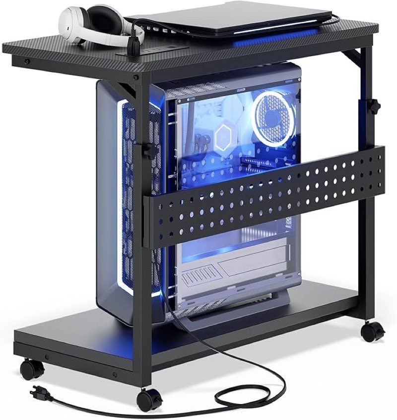 Computer Tower Stand with Power Strips, Height Adjustable PC Tower Stand/Cart with Wheels