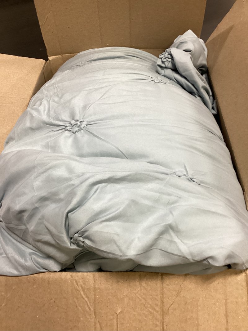 Condition photo showing As Is for bedelite dusty blue king size comforter set - 3 pieces boho pintuck bedding comforter sets, lightweight soft & warm king bedding set with 2 pillowcases for all season dusty blue king(102"x90")
