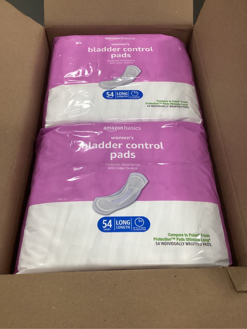 Condition photo showing New/Like New for Amazon Basics Incontinence Pads for Women Long, Bladder Control, Postpartum, Moderate Absorbency, Unscented, 108 Count (2 Packs of 54)