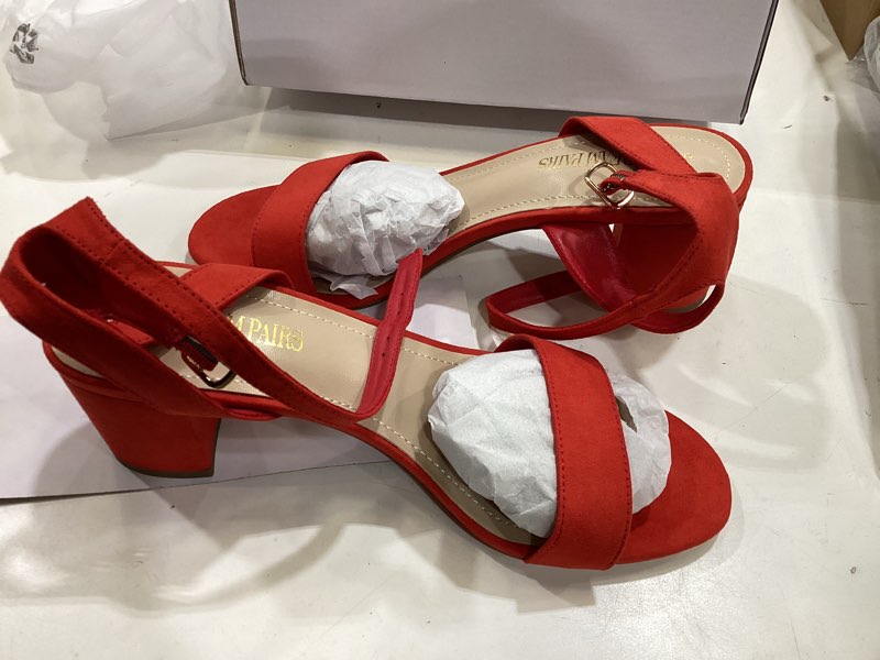 Condition photo showing Good Condition for dream pairs women's open toe ankle strap low block chunky heels sandals party dress pumps shoes 9.5 red/suede