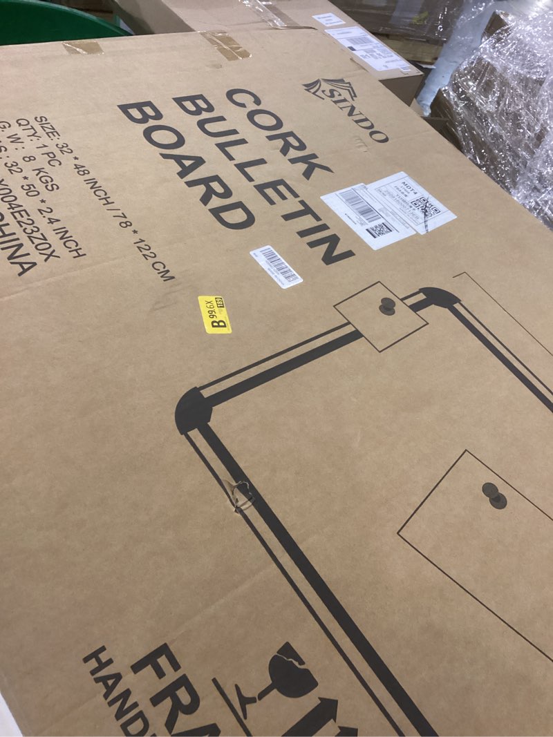 Condition photo showing Good Condition for Cork Bulletin Board, 48 X 32 Inches Cork Strip Frame Message Vision Board, Large Wall Mounted Notice Memo Pin Board with 28 Push Pins