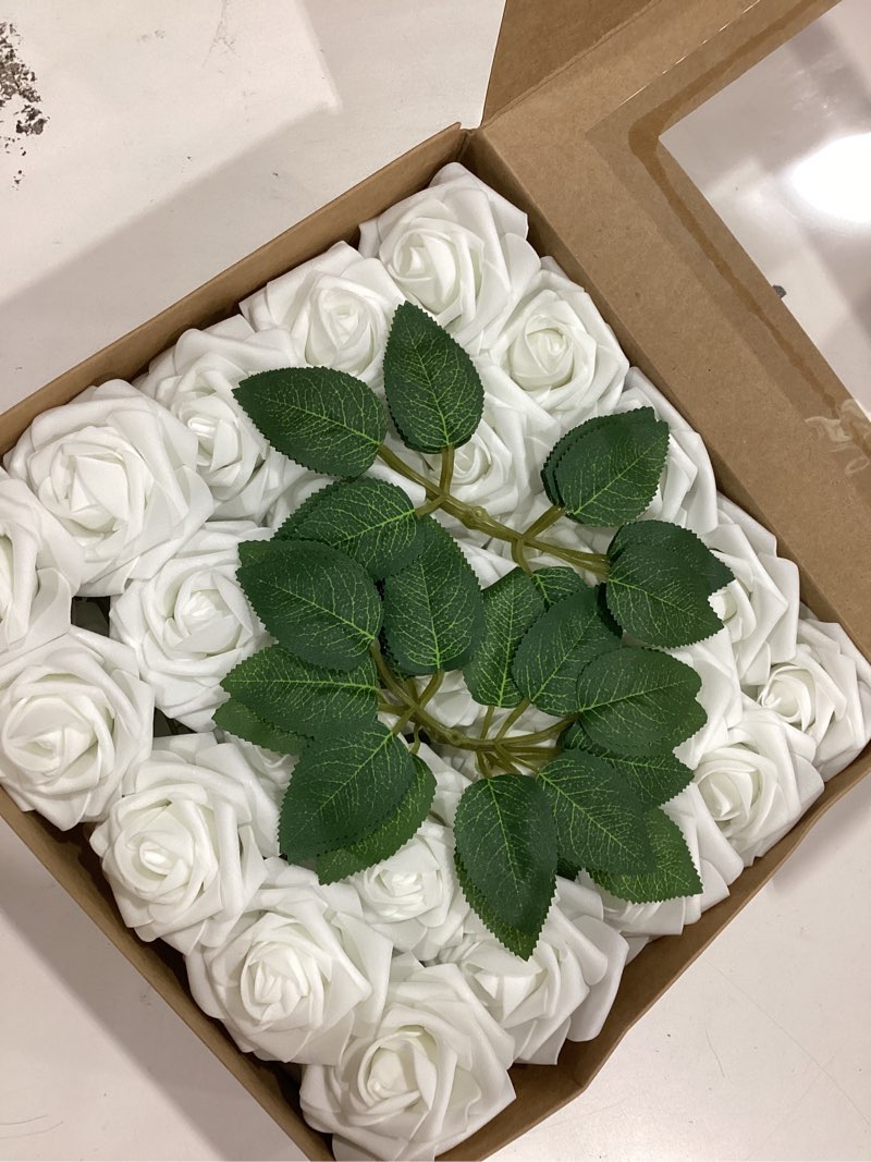 Condition photo showing New/Like New for higfra artificial flowers 50 stems realistic roses - lifelike fake flowers for wedding bouquets, baby shower decor, home centerpieces, diy floral arrangements (white, 50pcs) white 50pcs