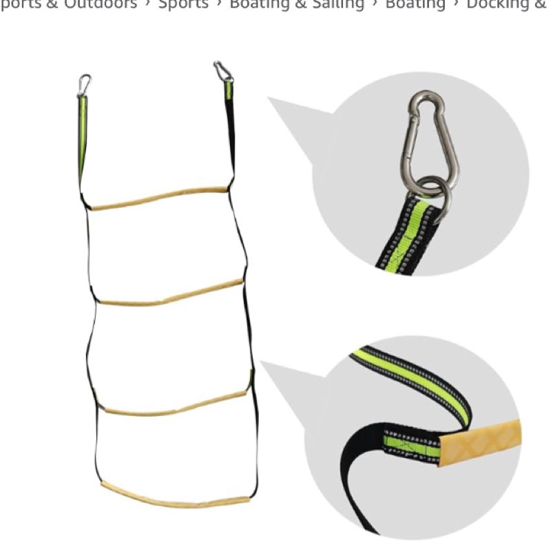 ISURE MARINE 4 Step Boat Rope Ladder, Green and Yellow, Nylon and Stainless Steel, 400 lb Load Capacity