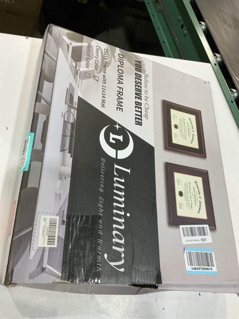 Condition photo showing Good Condition for luminary 15x18 wood diploma frame with 11x14 opening black mat for college degree certificate document, cherry red color wooden frame with tempered glass panel for wall mount display black mat 15x18 for 11x14
