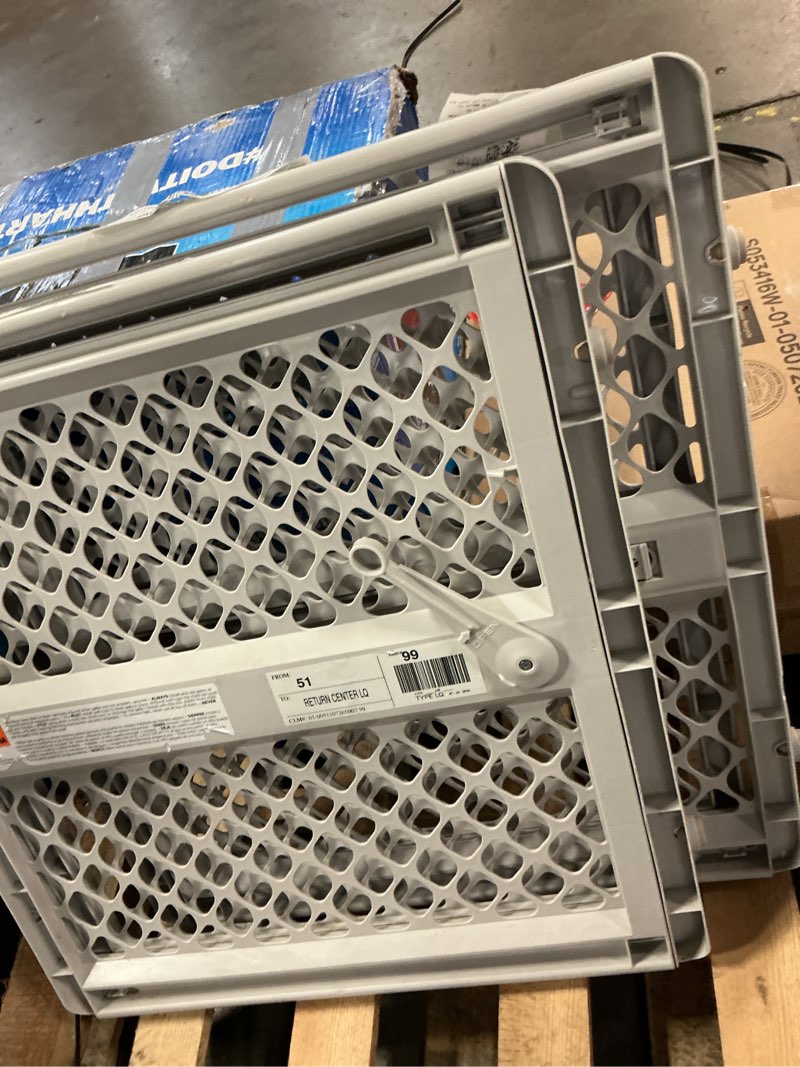 Condition photo showing As Is for north states 26 inch h x 26-42 inch w plastic pet gate 2 pack 