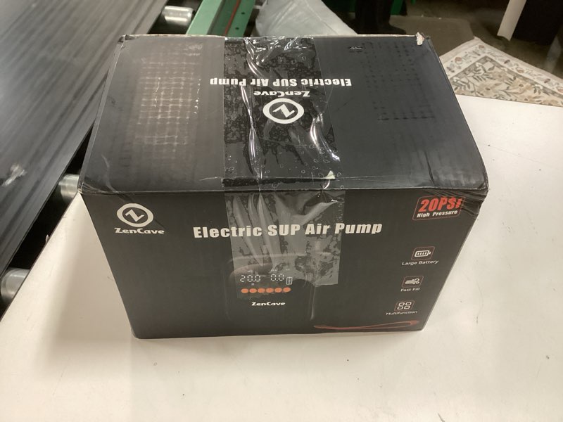 Condition photo showing New/Like New for paddle board pump electric portable: rechargeable 20psi high pressure sup pump, dual stage inflation & deflation, auto shut-off, 13500mah inflates 4 sups, 12v dc car connector, for kayaks, tents, boat black