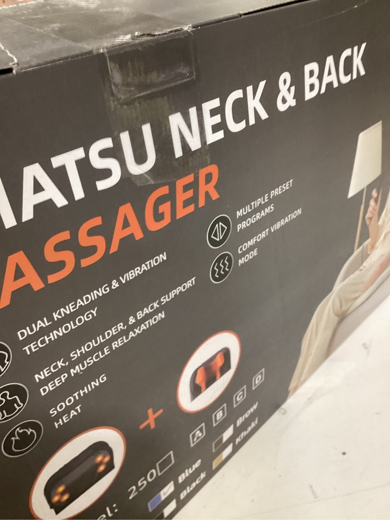 Condition photo showing New/Like New for shiatsu massage cushion for neck and back with heat - 4d kneading, vibration for relief muscle tension, dual-neck design, adjustable intensity and height for office chair, home use, navy blue