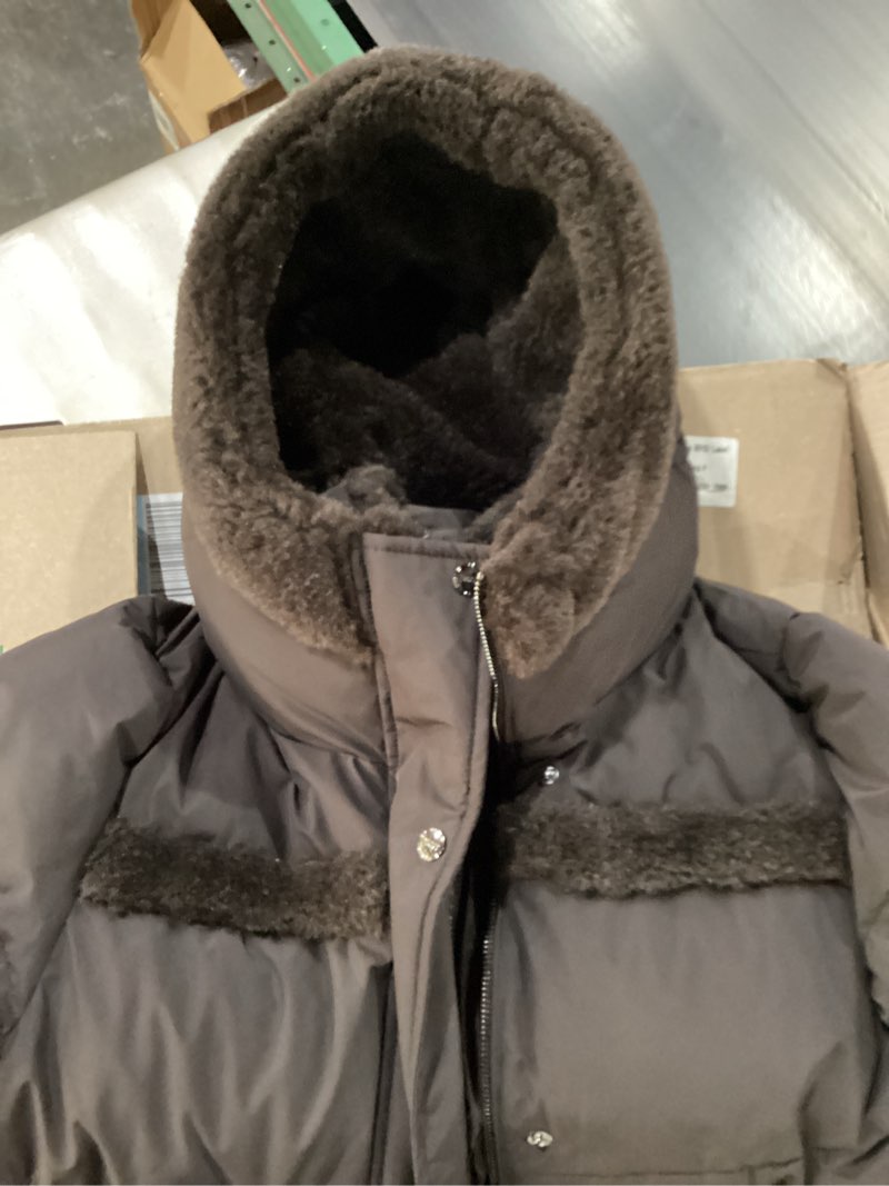 Condition photo showing New/Like New for DKNY Women's Short Puffer Coat with Hood and Faux Fur Trim – Quilted Winter Jacket, Bitter, M