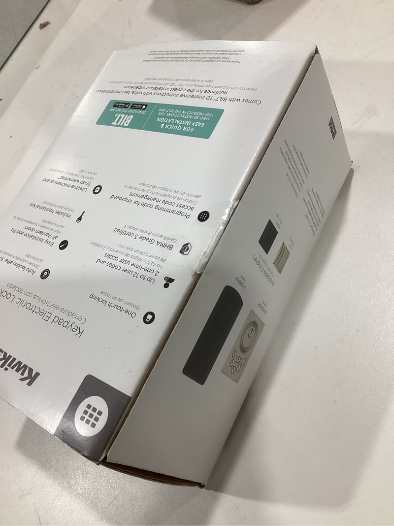 Condition photo showing New/Like New for kwikset powerbolt 240 5-button keypad satin nickel contemporary electronic deadbolt door lock, featuring convenient keyless entry, customizable user codes and auto-locking