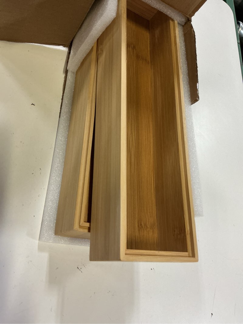 Condition photo showing Good Condition for bamboo kitchen drawer organizer boxes 12" x 3" stackable wooden organizers | set of 2 wood silverware utensil tray for drawers bins, cutlery & flatware storage for junk drawer, bathroom, rv bamboo 12" x 3" x 2"