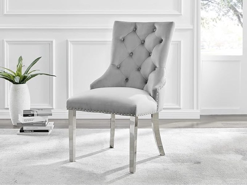 dining chair set of 2 - belgravia luxury grey velvet knockerback and silver chrome kitchen dining chairs