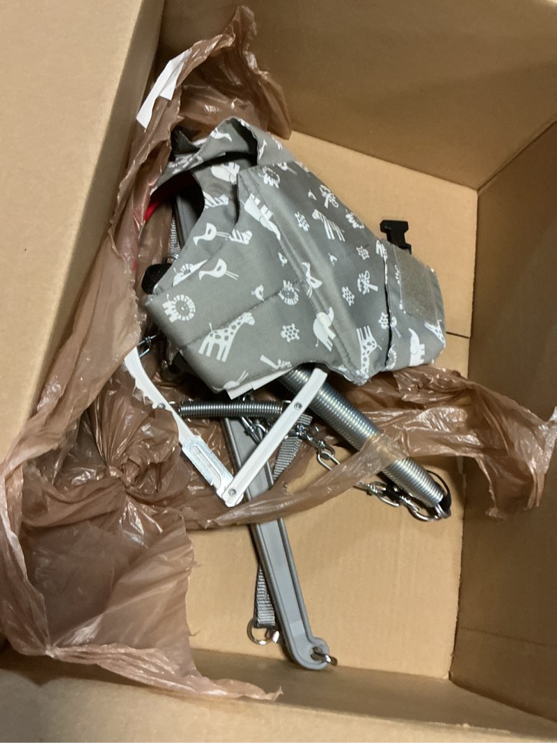 Condition photo showing As Is for jolly jumper iconic (grey safari), doorway baby jumper, indoor exercise saddle seat, adjustable height, for infants up to 28lbs, black, no stand required grey safari saddle