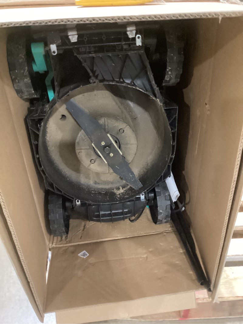 Condition photo showing As Is for similiar product litheli cordless lawn mower 13 inch, 5 heights, 20v electric lawn mowers for garden, yard and farm, with brushless motor, 4.0ah battery & charger included green 13 inch