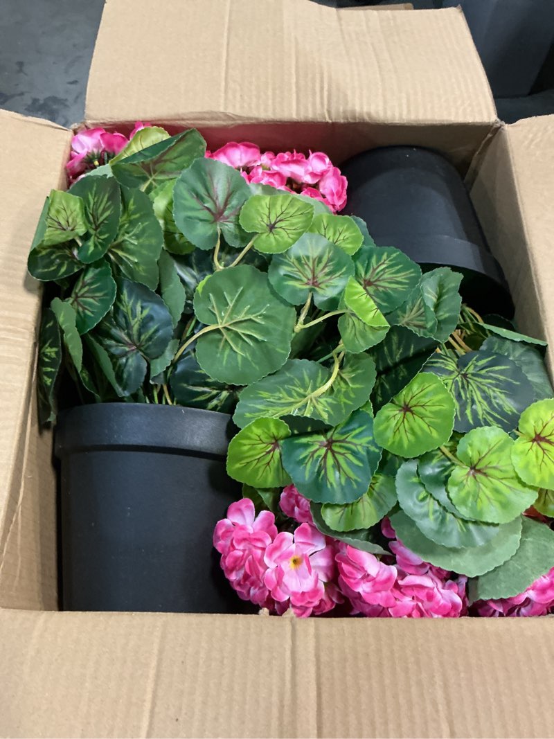 Condition photo showing Good Condition for set of 2 artificial flowers potted for outdoor, pre-made faux geranium plants in pots uv resistant pink silk fake flower large potted plant for gardens yards patios paths home decor - pink