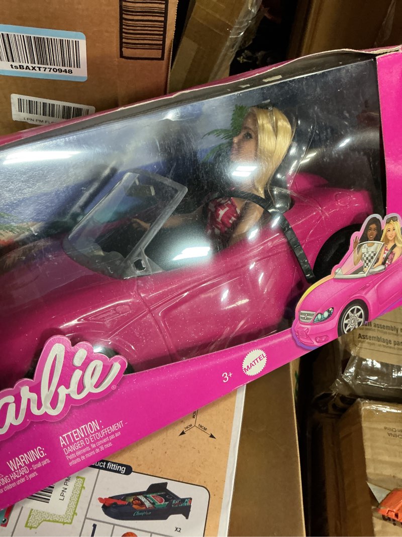 Condition photo showing Good Condition for Barbie Playset with Sparkly Pink 2-Seater Toy Convertible Car Featuring Glam Details & Fashion Doll in Sundress & Sunglasses (Amazon Exclusive)