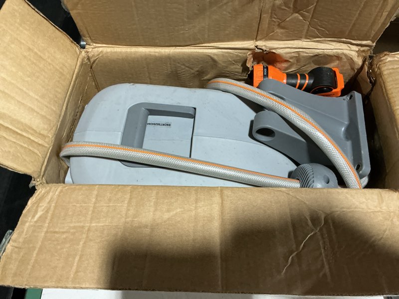 Condition photo showing As Is for ruvup retractable garden hose reel,1/2in x 150ft water hose reel with metal bracket, uv resistant automatic hose reel wall mount for outside, slow retraction any length lock 10 spray nozzle