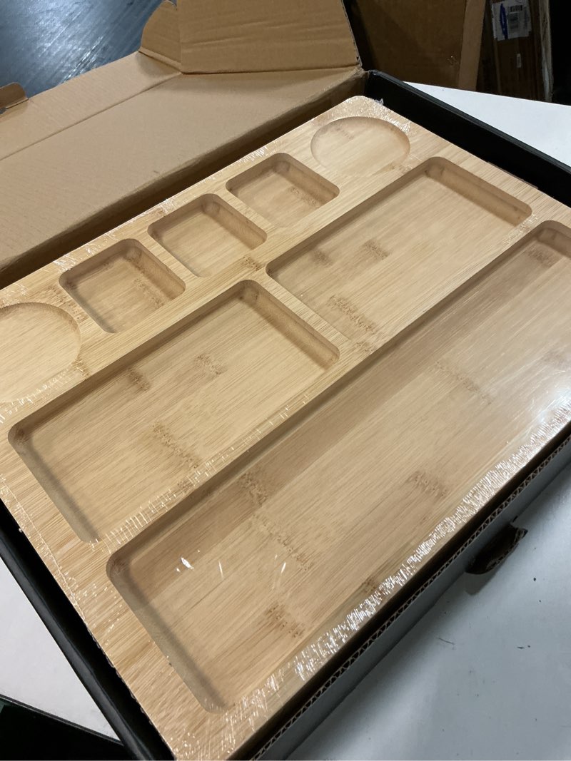 Condition photo showing Good Condition for smirly charcuterie boards with lid large travel cheese charcuterie boards with lid, portable bamboo cheese platters serving tray for home kitchen picnics, housewarming gifts wedding gifts for couples natural bamboo cheese board with lid