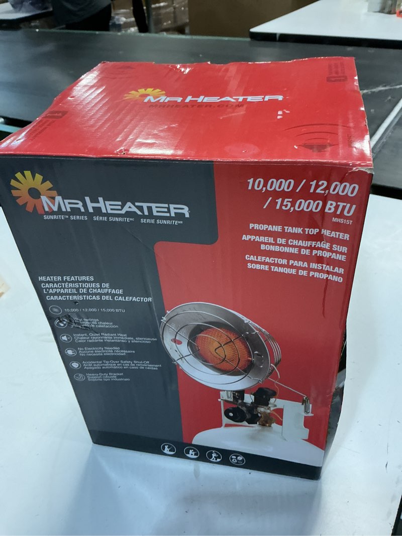 Condition photo showing As Is for 15,000 BTU Single Tank Top Portable Propane Radiant Heater,Grey/ Silver Space Heater