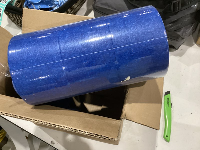 Condition photo showing Good Condition for painters tape 3 inch wide, 6 packs 3 inches wide blue painters tape, each roll 55 yards, 330 yards total, using for painting, pack, etc.