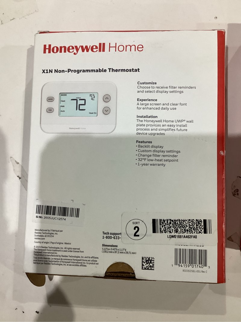 Condition photo showing New/Like New for new! honeywell home non-programmable thermostat, single-stage, 1 heat/1 cool compatibility, x1n, white