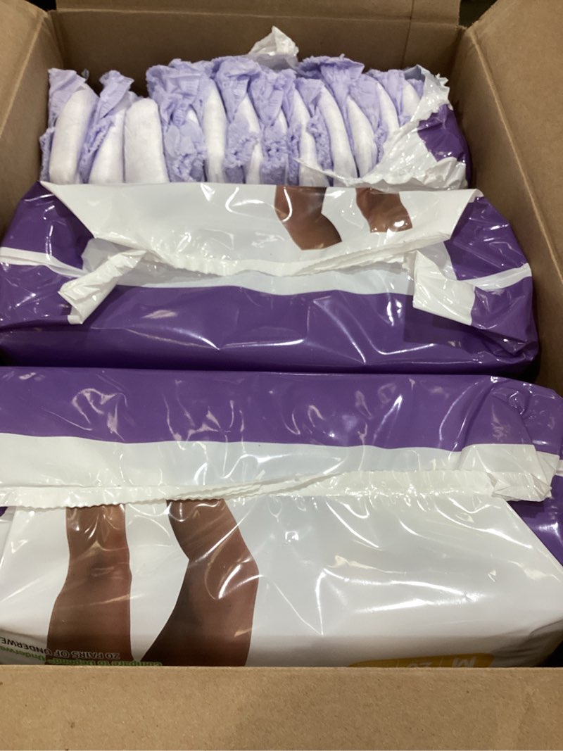 Condition photo showing As Is for Amazon Basics Incontinence Underwear for Women, Protective, Disposable, Postpartum, Maximum Absorbency, Medium, Lavender, 60 Count (3 Packs of 20) Medium 60.0