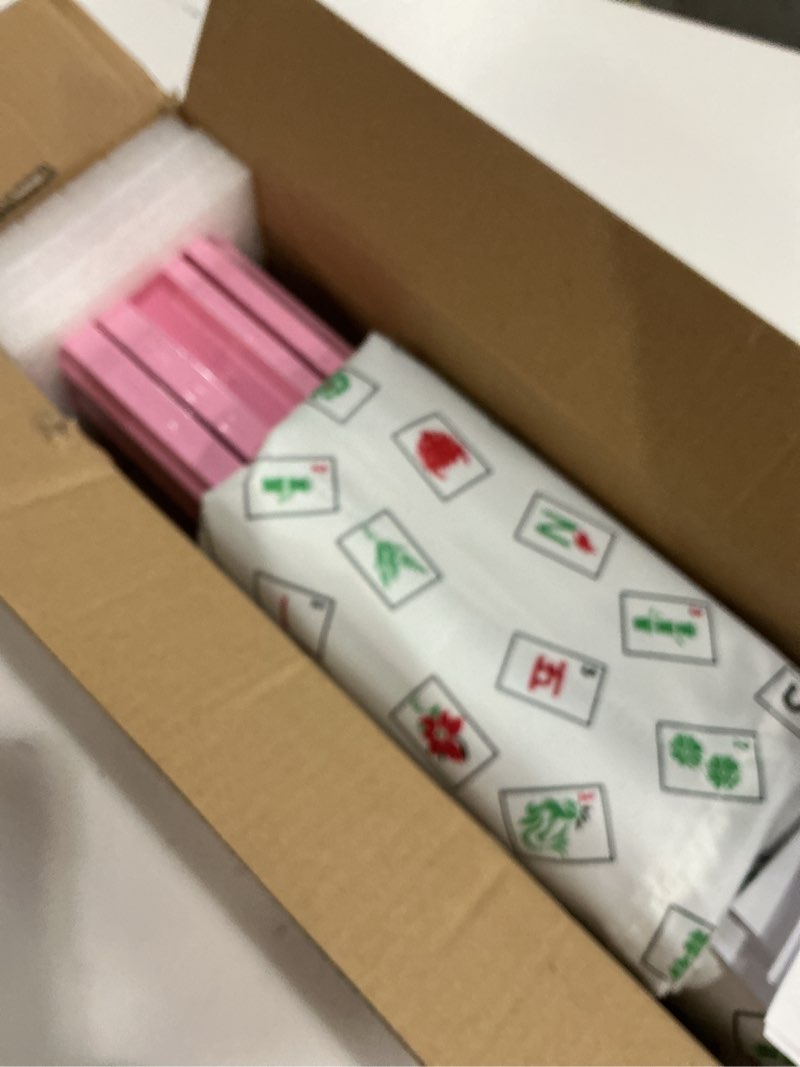 Condition photo showing New/Like New for Mahjong Racks with Pushers, Pink Wooden American Mahjong Tile Pushers and Racks Set of 4, with White Printed Mahjong Racks Drawstring Bag, Mahjong Accessories (19.68 Inches)