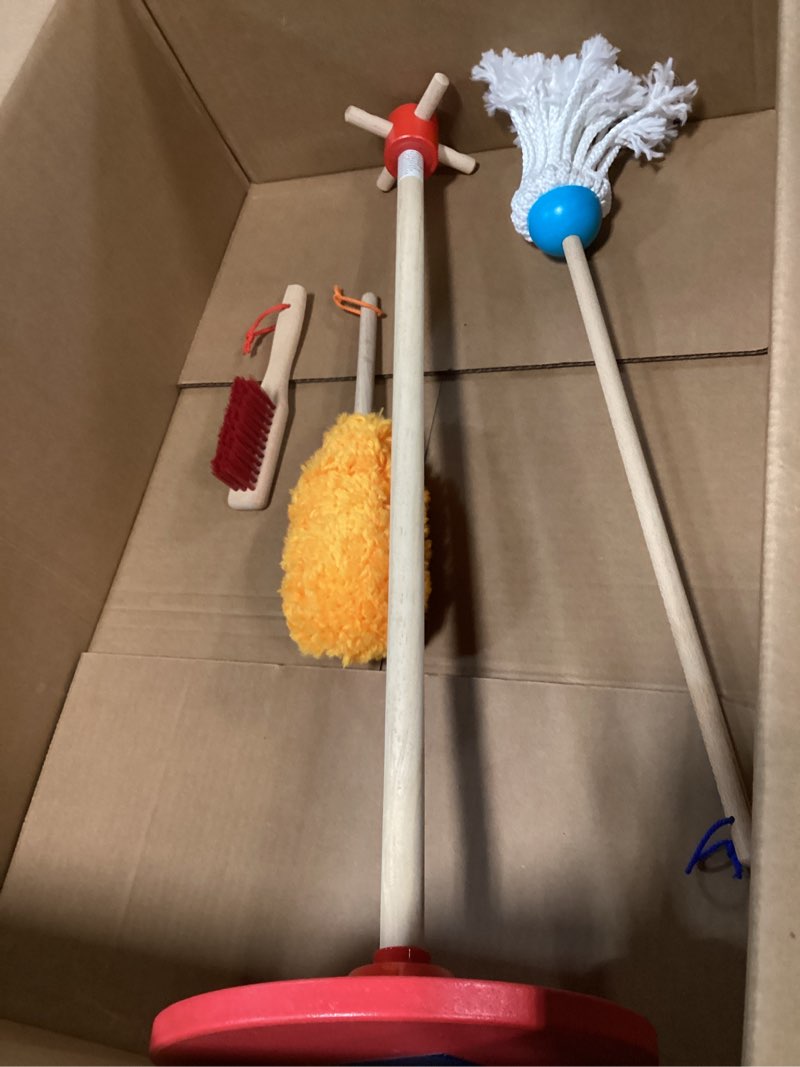 Condition photo showing As Is for Melissa & Doug Dust Sweep Mop 6-Piece Pretend Play Set, Toddler Toy Cleaning, Pretend Play Home Cleaning, Kids Broom and Mop Set for Ages 3+
