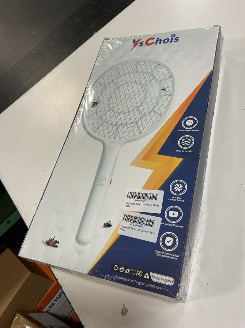 Condition photo showing New/Like New for yschois electric fly swatter, bug zapper, mosquito zapper racket | gold zone voltage, densest 3 mm mesh, apple-like weight - aa battery powered (not incl.) - indoor & outdoor, pro swat tips, 2 packs
