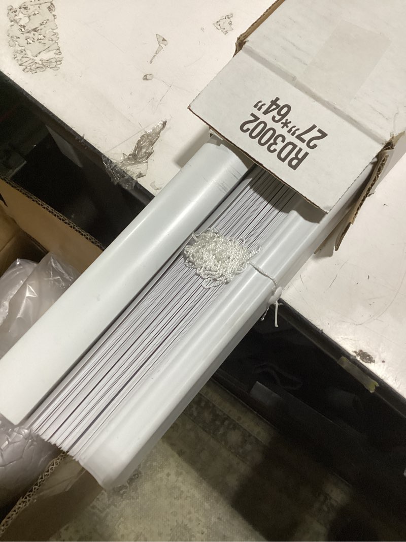Condition photo showing New/Like New for project source room darkening 1-in slat width 27-in x 64-in cordless white vinyl room darkening mini-blinds