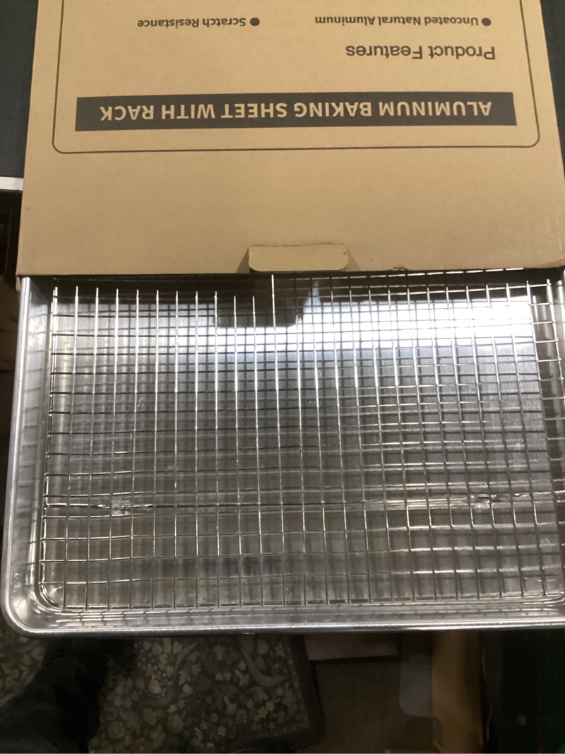 Condition photo showing As Is for 24 Inch Baking Sheet Pans with Rack Set, Natural Aluminum Cookie Sheet, Extra Large Commercial Quality Baking Sheet Pan Set, Warp Resistant Nonstick Thick Cookie Tray Pans for Baking, Roasting