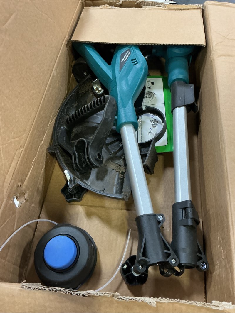 Condition photo showing As Is for cordless weed wacker & edger compatible with makita 18v battery, 3-in-1 folding 150cm/59in brushless electric string trimmer, grass cutter with 3 types blade for lawn, yard & bush trimming(no battery) blue