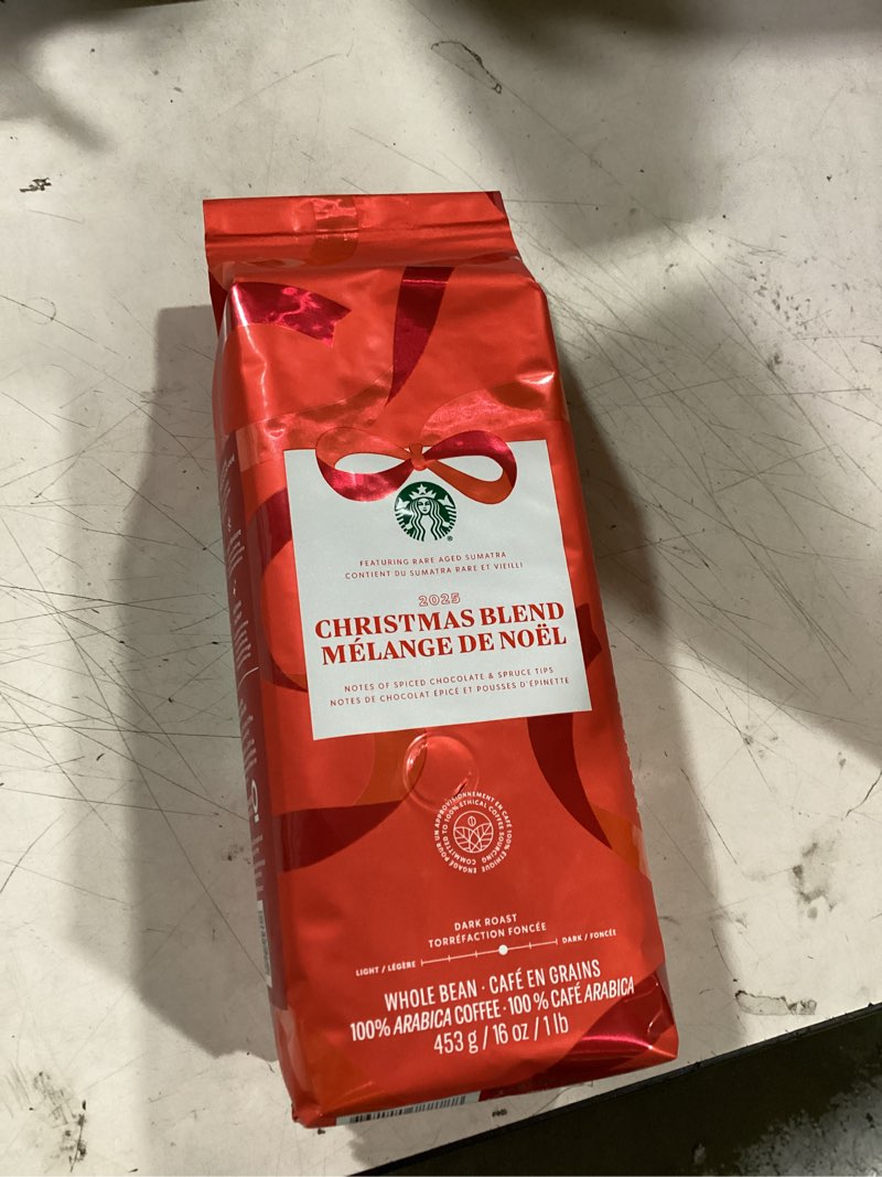 Condition photo showing New/Like New for starbucks christmas blend whole bean coffee 16oz, dark roast 100% arabica, rich spiced chocolate & spruce notes, limited holiday edition, bold, festive flavor from sumatra & latin america