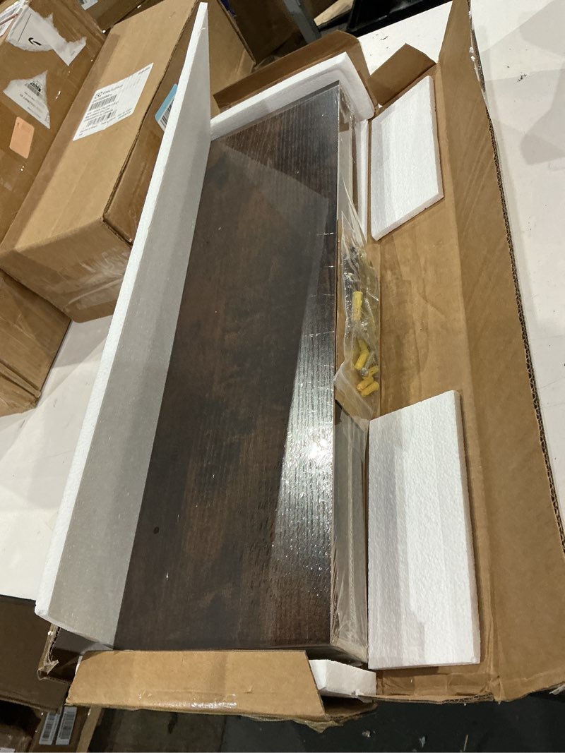 Condition photo showing New/Like New for bayka floating shelves set of 2, 22.5 inches farmhouse rustic wood wall mounted shelves for bathroom, bedroom, living room or kitchen, hanging shelf decor book with 22lbs capacity, rustic brown