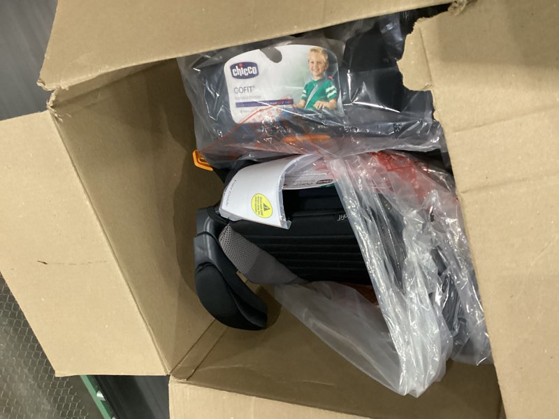 Condition photo showing As Is for chicco gofit backless booster car seat without latch attachment, travel booster seat for car, portable car booster seat for children 40-110 lbs. | shark/black/grey gofit shark/black/grey