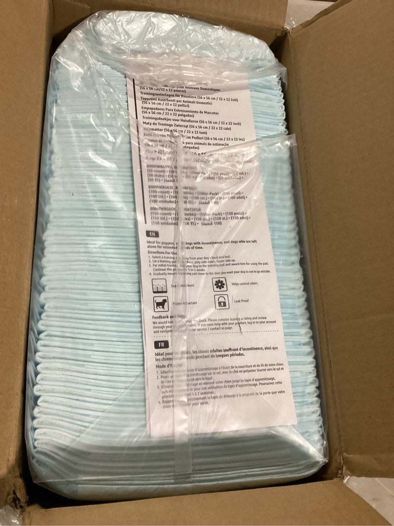 Condition photo showing Good Condition for Amazon Basics Dog and Puppy Pee Pads, 5-Layer Leak-Proof Super Absorbent, Quick-Dry Surface, Potty Training, Regular (22x22"), 100 Count, Blue & White Regular (100 Count)