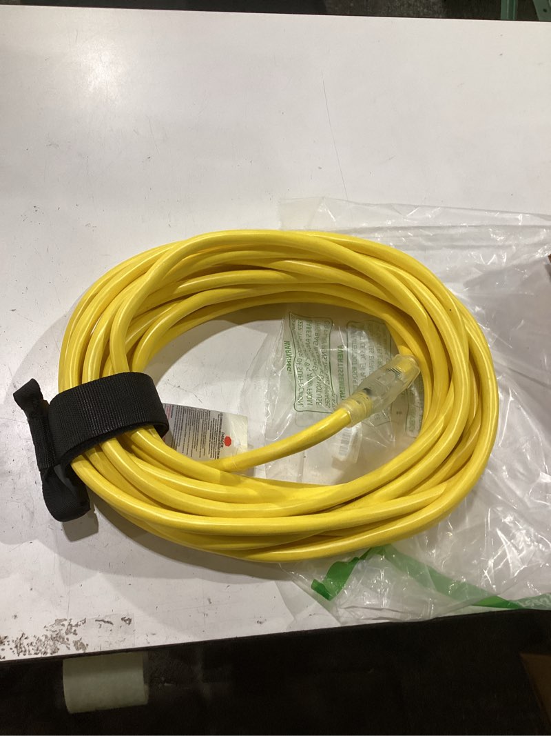 Condition photo showing Good Condition for 50ft outdoor/indoor extension cord with lighted 10/3 gauge ultra 3 prong heavy duty sjtw, waterproof, flexible cold-resistant,15a 125v 1875w, yellow yellow 50ft