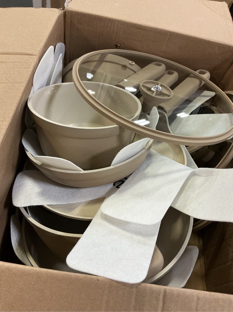 Condition photo showing Good Condition for 7 pieces sensarte 20pcs pots and pans set nonstick, ceramic cookware set non stick, non-toxic healthy kitchen cooking set, induction compatible, dishwasher safe, pfas/ptfe/pfoa free, taupe misty taupe l