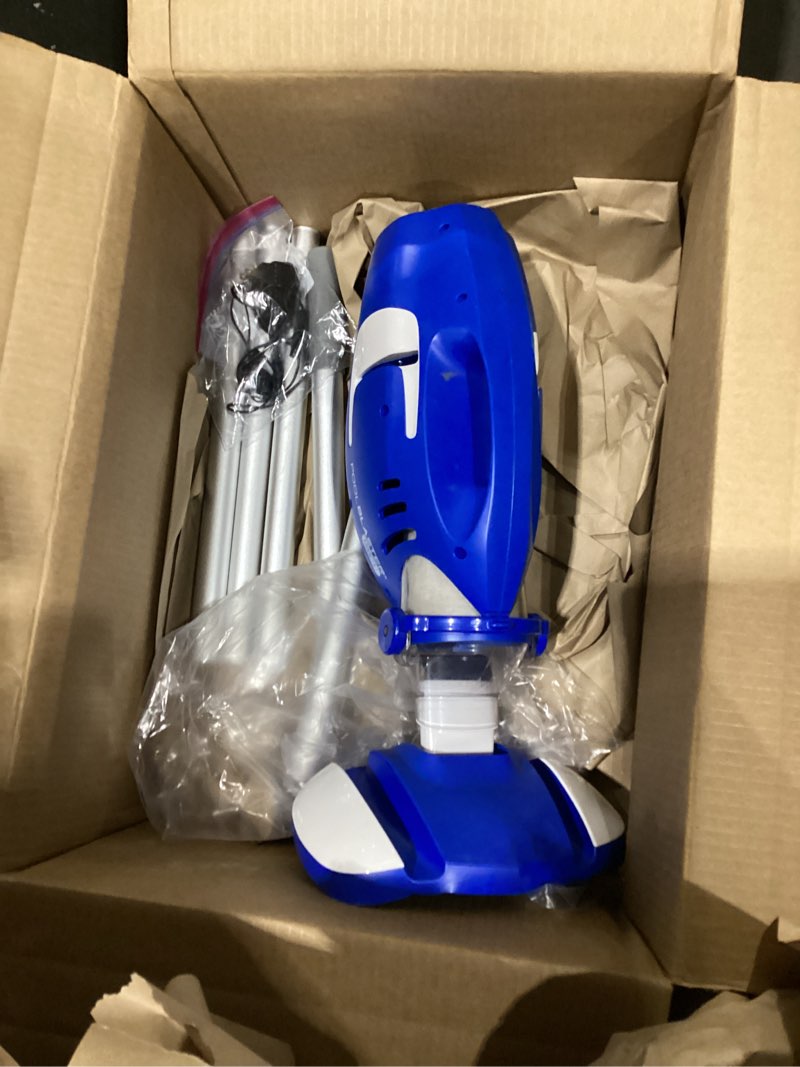 Condition photo showing As Is for new 2026 pool blaster max cordless pool vacuum for inground & above ground pools, more suction power, 60 min runtime, omni-directional rollers, easy charging, handheld, rechargeable pool cleaner vac