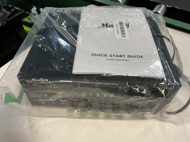 Condition photo showing As Is for moukey stereo receivers with bluetooth 5.0, 2.0 channel power audio amplifier stereo system w/usb, sd, aux, rca, mic in w/echo, led for karaoke, home theater speakers, 400w peak, 25w× 2 rms- mamp1