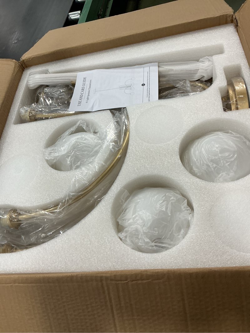 Condition photo showing Good Condition for Gold Sputnik Chandelier,6 Lights Large Modern Chandelier L40”Mid Century Long Ceiling Pendant Light Fixtures for Dining Room with Milk Glass Globe Shades for High Ceiling Foyer Living Room Gold globe