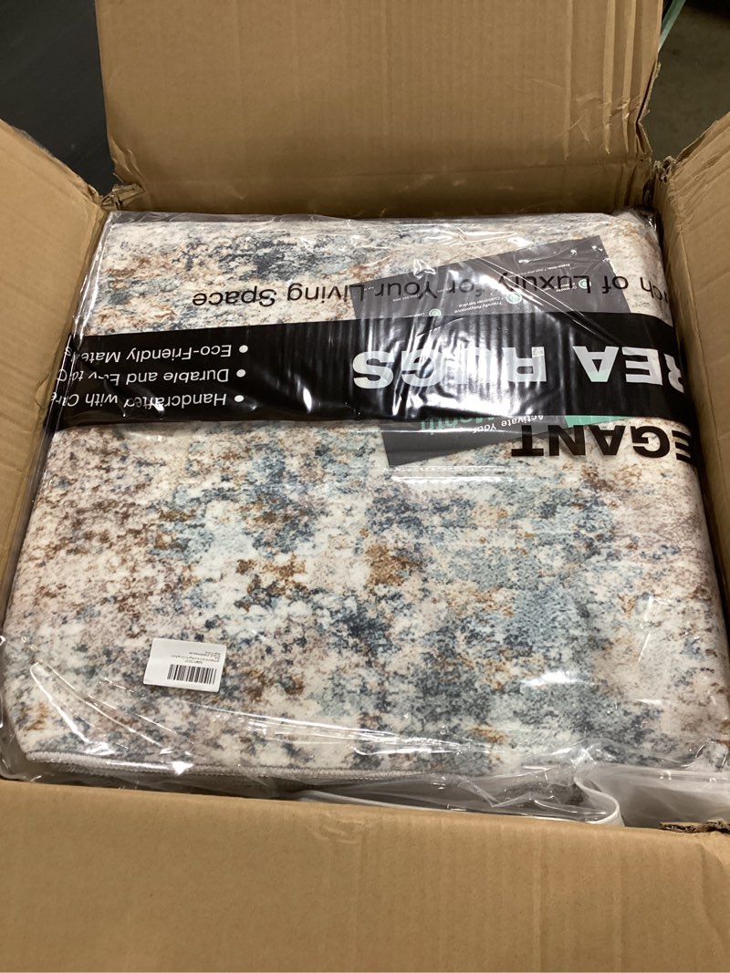 Condition photo showing Good Condition for witshock 9x12 area rugs for living room : machine washable - non slip modern abstract rug for bedroom under dining - stain resistant for household - pet owners (blue gold) 9' x 12' (rectangular) blue/off-white/gold